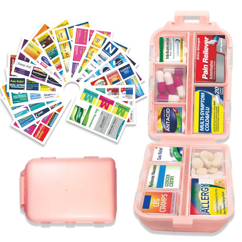 Pill Organizer with Medicine Labels 146 Labels Travel Daily Pill Container Mini Medication Organizer Storage Pill Organizer Travel Essentials Pill Case 7 Day Pink 1 PackLarge